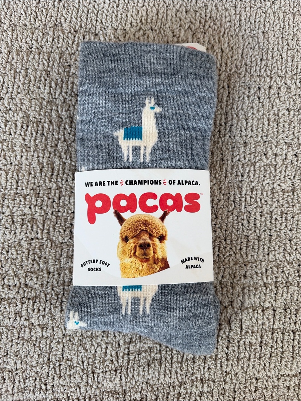 Pacas Alpaca print Cozy wool Socks - Gray with White & Blue Accent sz M/L